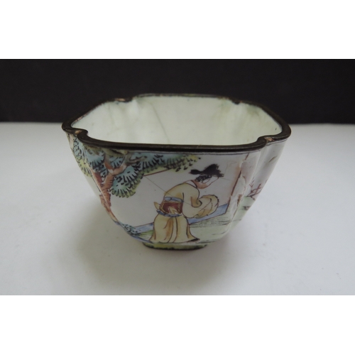 6393 - A Canton enamel dish with figure scene, together similar Saki cup  (2) some losses  (R)  £50