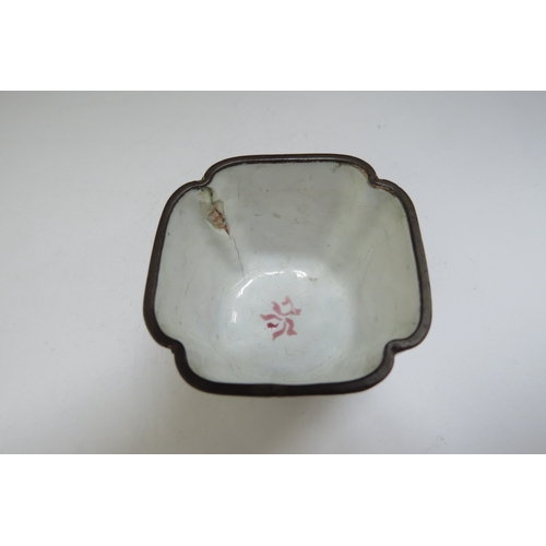 6393 - A Canton enamel dish with figure scene, together similar Saki cup  (2) some losses  (R)  £50