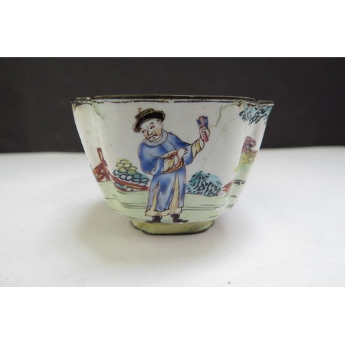 6393 - A Canton enamel dish with figure scene, together similar Saki cup  (2) some losses  (R)  £50