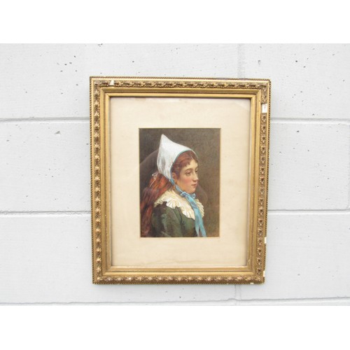 6084 - A gilt framed and glazed watercolour titled 'Our Quaint Little Maid'. Indistinctly signed bottom rig... 