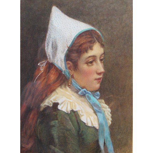 6084 - A gilt framed and glazed watercolour titled 'Our Quaint Little Maid'. Indistinctly signed bottom rig... 