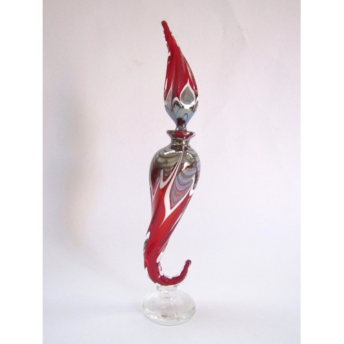 9137 - A Richard P. Golding Studio art glass scent bottle and stopper in red, white and iridescent glass. E... 