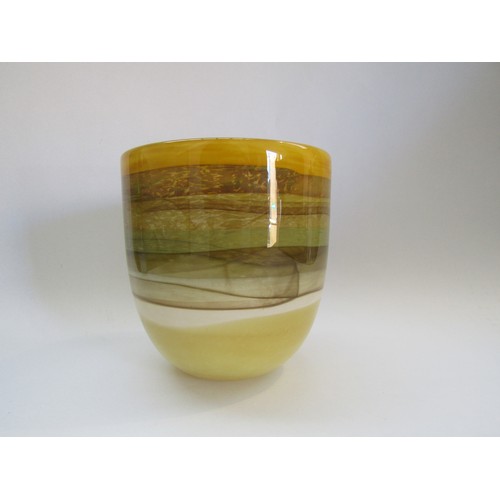 9197 - A Pauline Solven Studio art glass cylindrical vase with bands of ochre and green colours. Signed to ... 