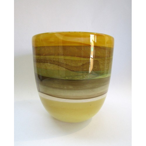 9197 - A Pauline Solven Studio art glass cylindrical vase with bands of ochre and green colours. Signed to ... 