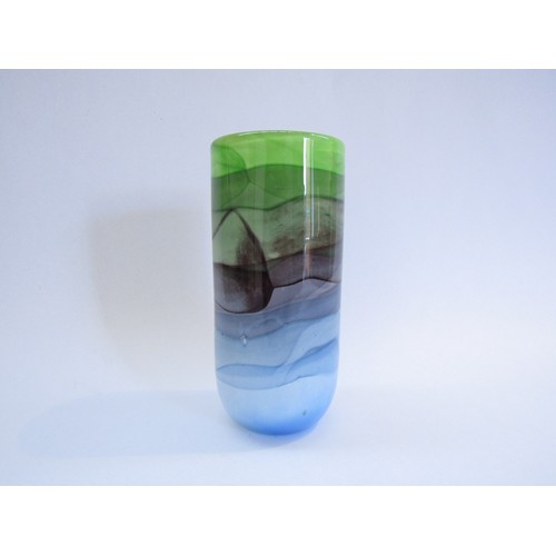 9198 - A Pauline Solven Studio art glass cylindrical vase with mottled blue, amethyst and green colours. Si... 