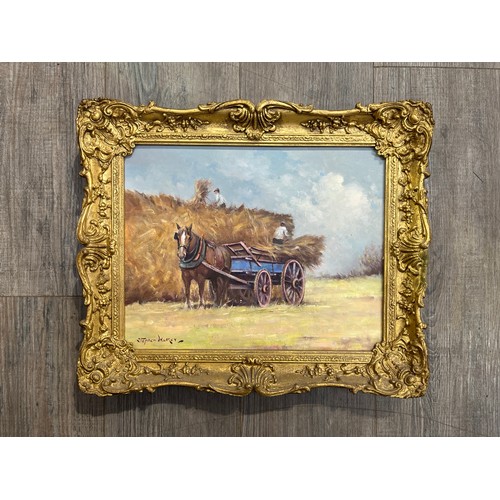 6002 - STEPHEN WALKER (1900-2004): Gathering in the hay depicting farm workers making a haystack, 28.5cm x ... 