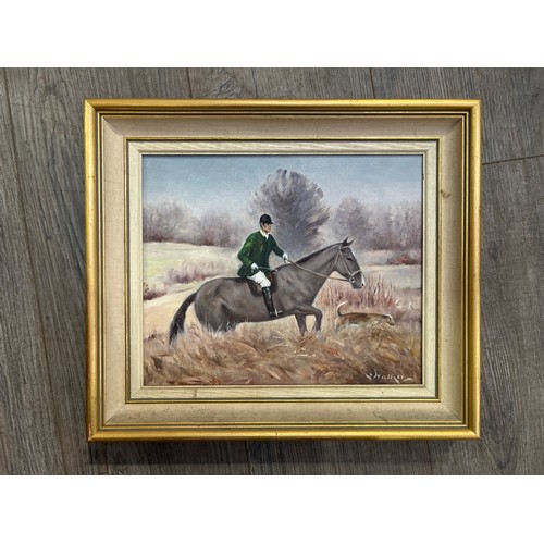 6004 - STEPHEN WALKER (1900-2004): Huntsman on horse with hound, oil on canvas, 24cm x 29cm