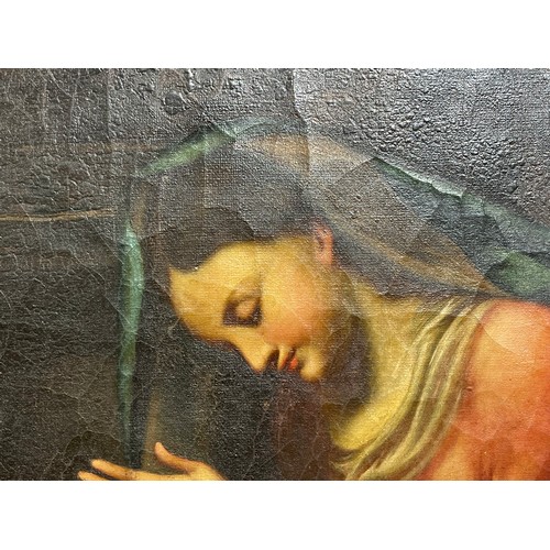 6005 - A picture on canvas depicting Mary adoring The baby Jesus, condition poor with bitumen deformation, ... 