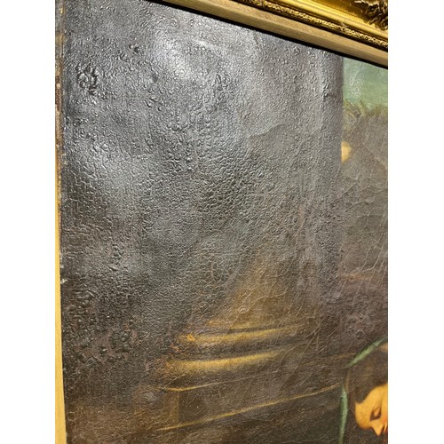 6005 - A picture on canvas depicting Mary adoring The baby Jesus, condition poor with bitumen deformation, ... 