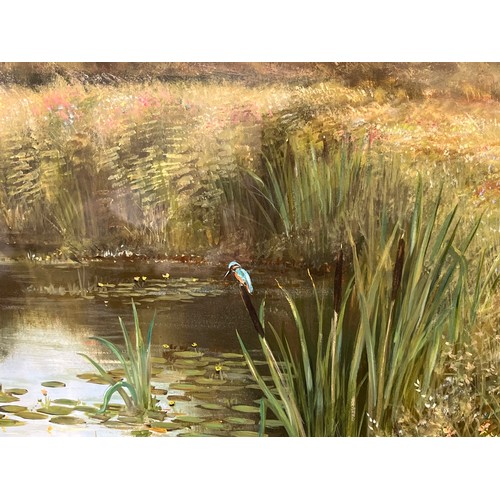 6017 - JAMES ALLEN: Watercolour depicting river and fields with kingfisher and ducks to the foreground, 44.... 