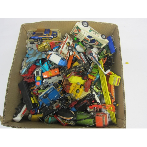 8382 - A box of assorted playworn diecast vehicles including Corgi Batmobile, Dinky, Matchbox etc