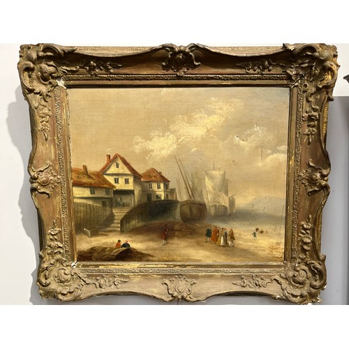 6018 - A Victorian landscape depicting moored boats in harbour with cottages and figures, gilt framed, tear... 