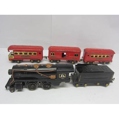 8538 - A playworn American Flyer 401 0 gauge electric 2-4-4 locomotive, tender and three coaches (loco miss... 