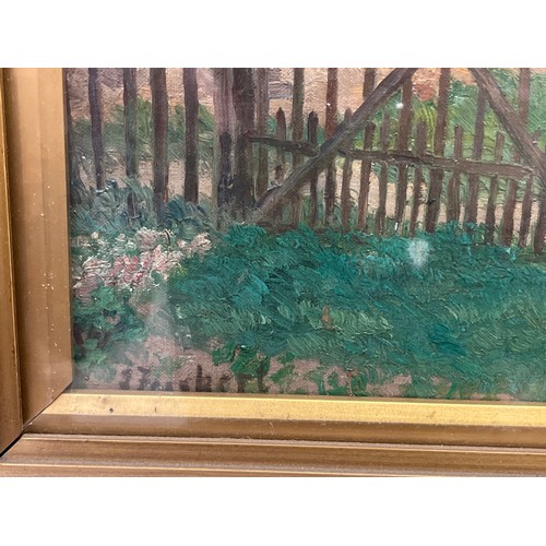 6029 - Two early 20th Century rustic farm scenes with barns and fence, oil, gilt framed  (E)  £50-100