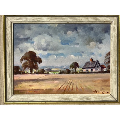 6030 - STEPHEN WALKER (1900-2004): Two oils on board Suffolk landscapes from the 1970's 14cm x 18.5cm