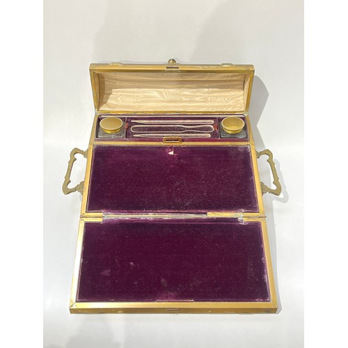 6035 - A Victorian brass writing box set with tiger's eye cabochons, some restoration needed, 13.5cm x 30cm... 