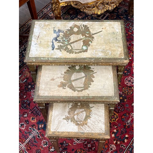 6043 - A set of three French style occasional table with lyre decoration to top, largest 58cm x 56cm x 32.5... 