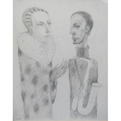 9445 - JOSEPH URIE (Scottish b.1947) A framed and glazed pencil drawing of figures. Signed bottom left and ... 