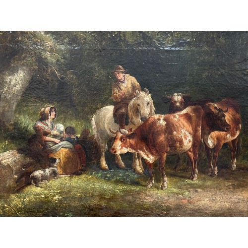 6074 - An English school 19th century oil on canvas depicting family resting with mounted farmer with cattl... 