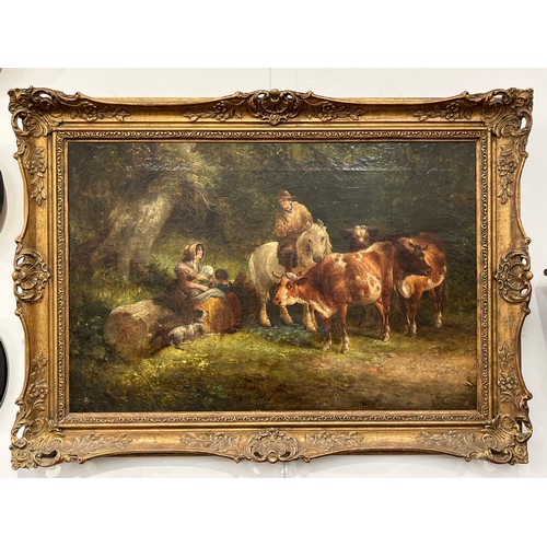 6074 - An English school 19th century oil on canvas depicting family resting with mounted farmer with cattl... 