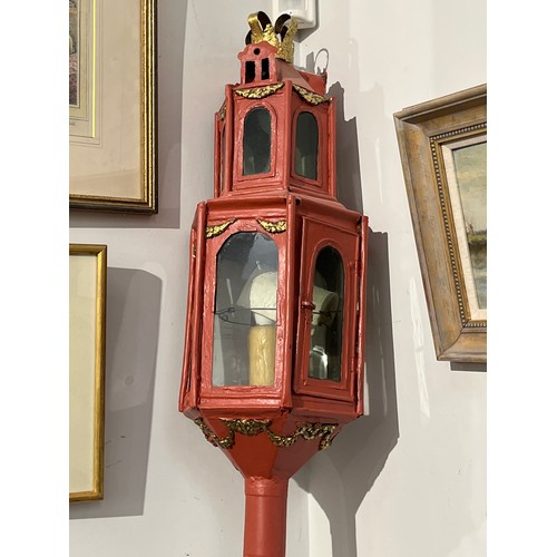 6090 - A late 19th Century two storey lantern surmounted by a Crown converted to electricity  on gilt pole,... 