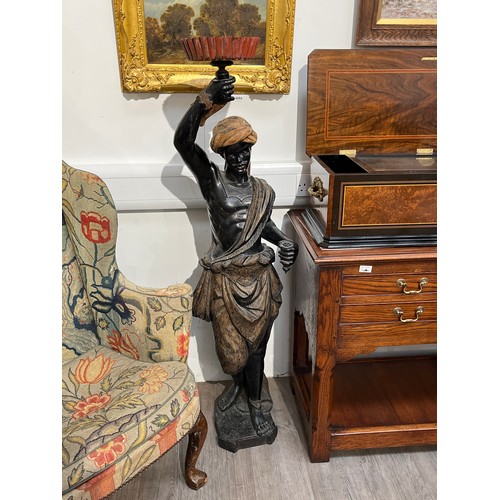 6095 - A 19th Century carved wood blackamoor figure holding aloft & fluted tray cracks and repair to arm pr... 