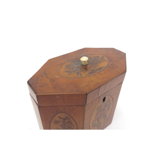 6168 - A 19th Century mixed wood octagonal tea caddy with velvet lined interior.  The top and three front p... 