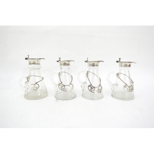 6323 - Four glass whisky noggins with silver tops (Levi & Salaman, Birmingham, 1921) with cut-out silver wh... 