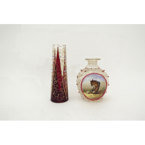 6327 - Two Victorian glass vases one of conical form the other with painted panel depicting a fox praying s... 