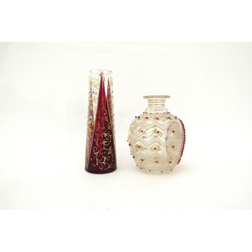 6327 - Two Victorian glass vases one of conical form the other with painted panel depicting a fox praying s... 