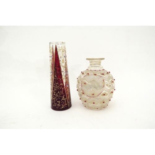 6327 - Two Victorian glass vases one of conical form the other with painted panel depicting a fox praying s... 