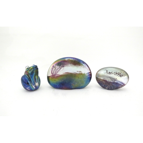 6328 - John Ditchfield Glasform Glass frog and two landscape paperweights (3)