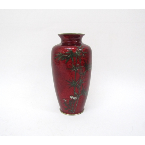 6341 - A Japanese Akasake Ginbari Cloisonne vase, Ginbari Cloisonne vase Pigeon Blood Enamel.  The design i... 