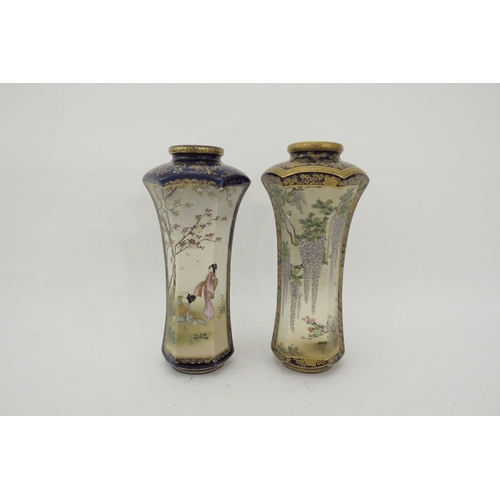 6347 - Two similar Japanese satsuma facet vases Meiji Period (1868-1912) Kiukozain factory with panel decor... 