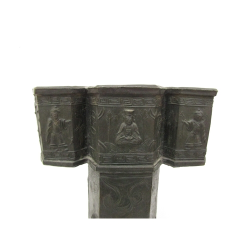 6351 - A Chinese hexagonal bronze arrow vase decorated with figures and animals, 54cm tall