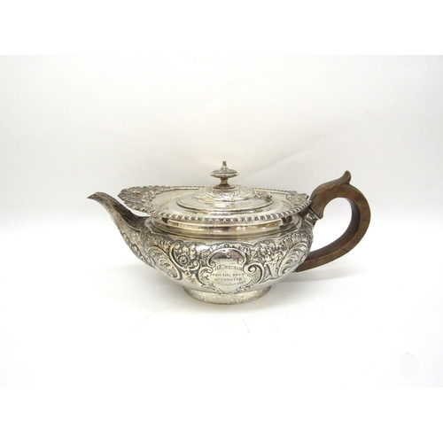 6363 - An Edward Barnard and Sons ornate silver three piece tea set,retailed by Mackay and Chisholm Edinbur... 