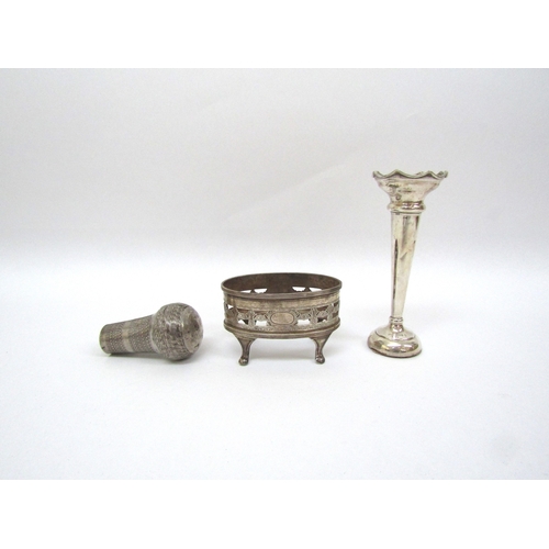 6392 - A silver stem vase (weighted base), silver salt (no liner) and silver walking cane finial (3)