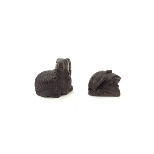 6409 - Two Meiji Period (1868-1912) signed Japanese wood Netsukes tortoise and goat 2.5cm and 3.7cm tall.  ... 