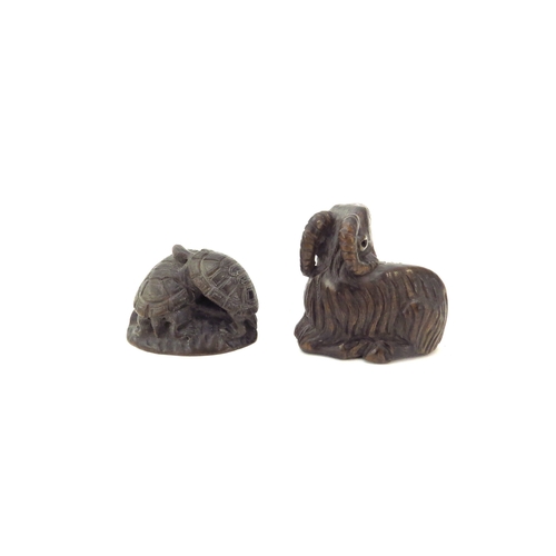 6409 - Two Meiji Period (1868-1912) signed Japanese wood Netsukes tortoise and goat 2.5cm and 3.7cm tall.  ... 