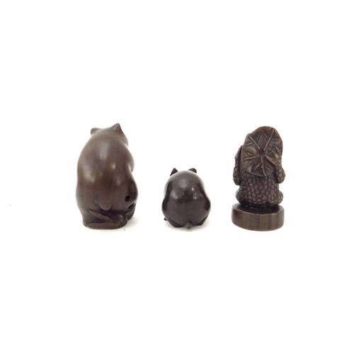 6411 - Three Meiji period (1868-1912) signed Japanese wood Netsukes, Toad, Rabbit and Panda bear 5, 4.5 and... 