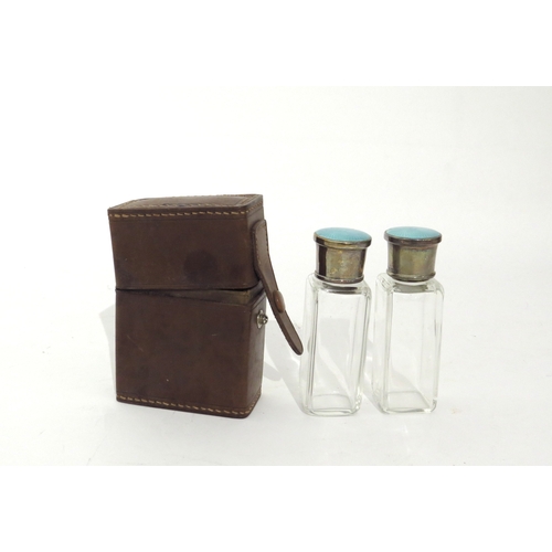 6428 - A leather cased twin silver and guilloche perfume/scent bottle set, Adie Bros Ltd, Birmingham 1930, ... 