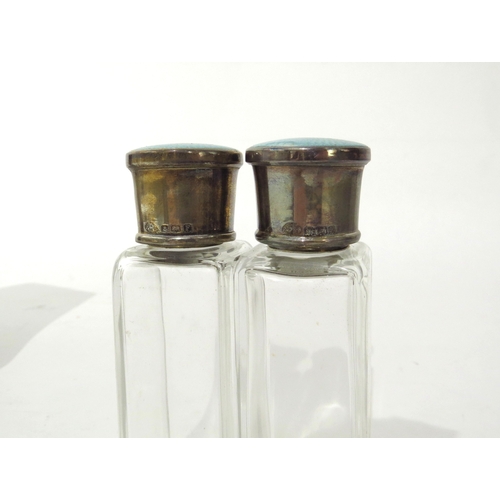 6428 - A leather cased twin silver and guilloche perfume/scent bottle set, Adie Bros Ltd, Birmingham 1930, ... 