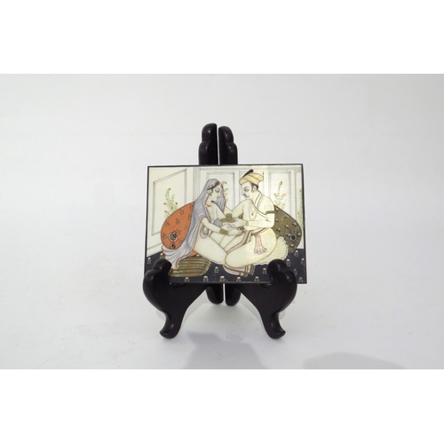 6437 - An Indian portrait miniature depicting a a seated couple taking tea, 8cm x 10.4cm Ivory submission r... 