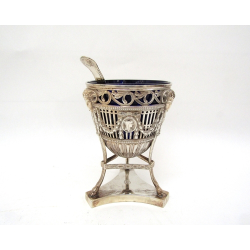 6451 - A Victorian Samuel Whitford pieced sugar basket with Rams head and Swag decoration on tripod feet, t... 