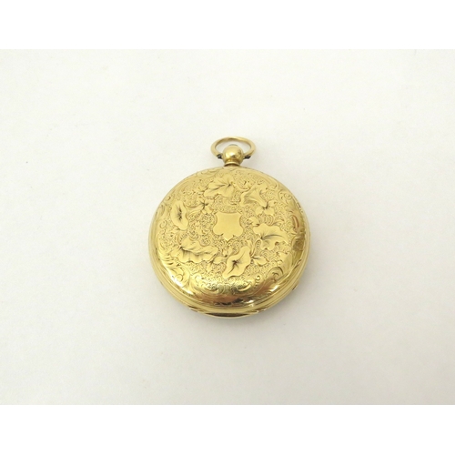 6460 - An 18ct gold engraved pocket watch with key, 33.1g total,  4cm diameter  (C)