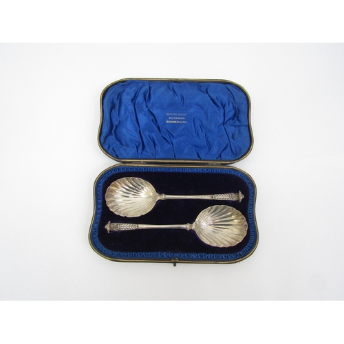 6464 - A pair of berry spoons by Edward Bishop silversmiths Bournemouth, marked London 1907 in original vel... 