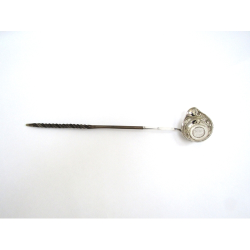 6465 - A Georgian silver punch/toddy ladle set with George III coin, monogram to side dents present, 36cm l... 