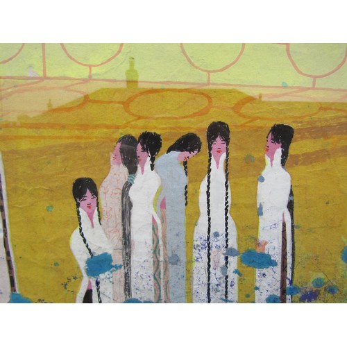 9461 - XUAN KHANH NGUYEN (Vietnam b.1976) A framed and glazed mixed media on textile panel depicting female... 