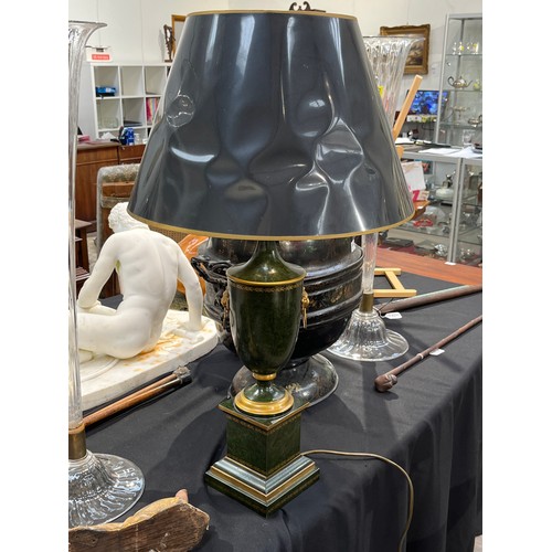 6151 - A painted metal regency style base form lamp with shade, 82cm tall