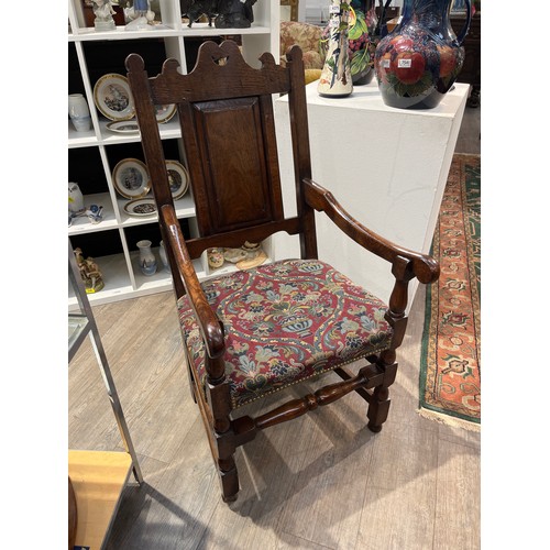 6160 - A set of 10 (8+2) 17th Century style oak high-back dining chairs, panelled back, upholstered seats, ... 